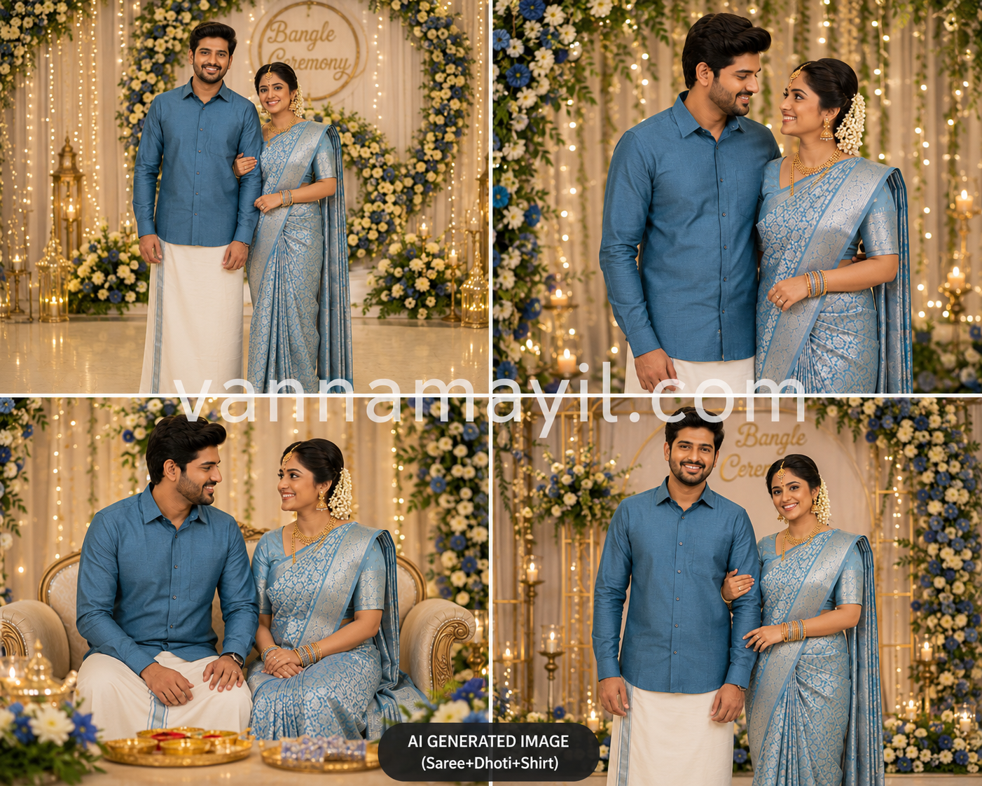 Semi Silk Saree & Cotton Dhoti Shirt - Couple Combo Set