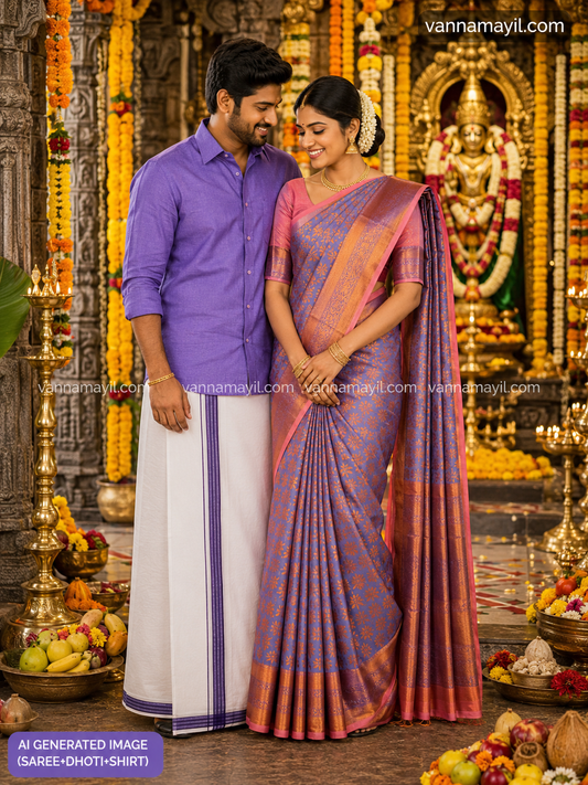 Semi Silk Saree & Cotton Dhoti Shirt - Couple Combo Set