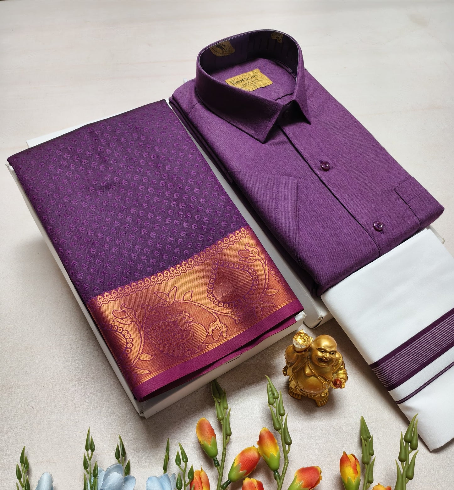 Couple's Combo Dhoti Shirt With Embossed Silk Saree