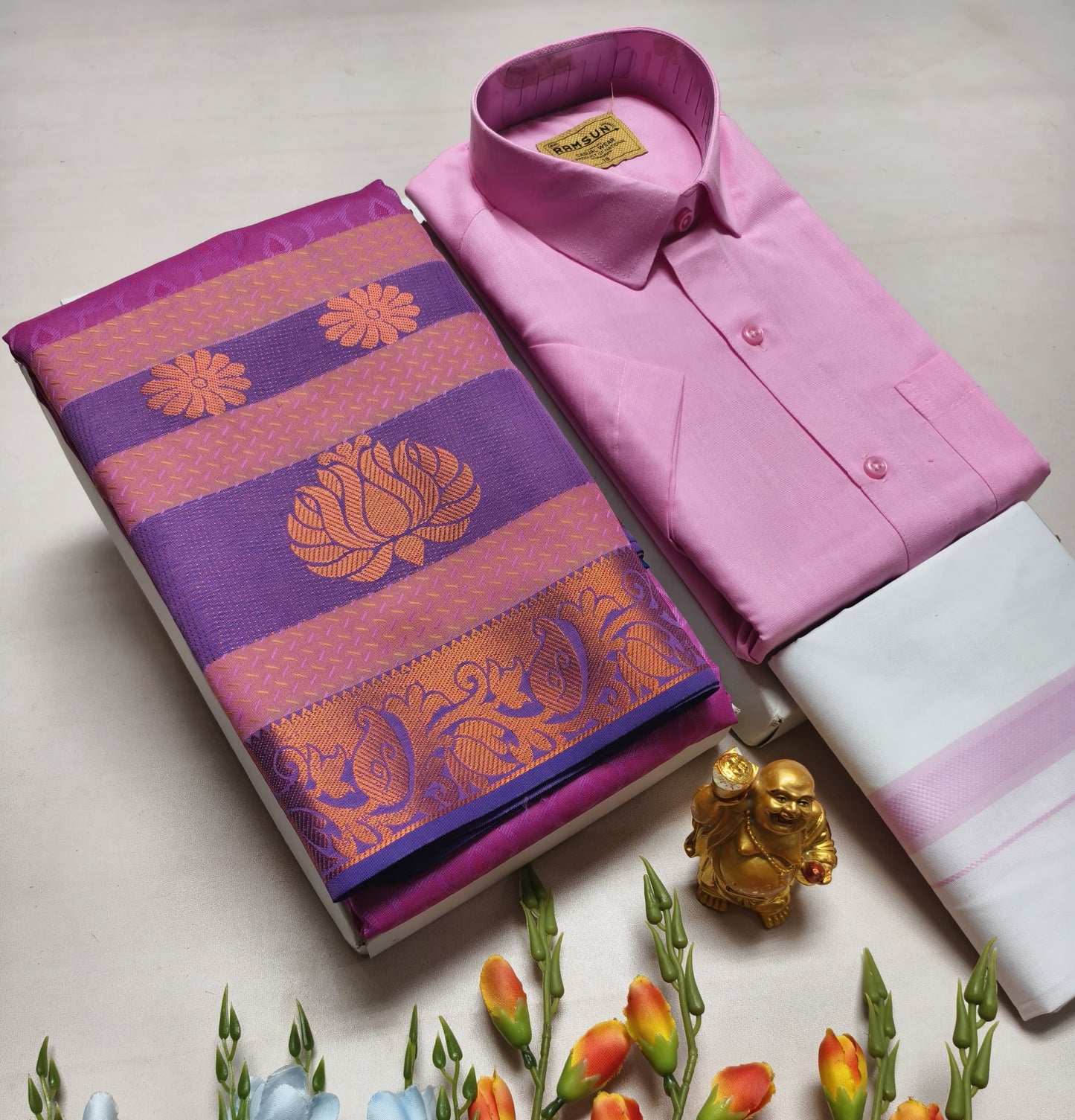 Couple's Combo Dhoti Shirt With Embossed Silk Saree