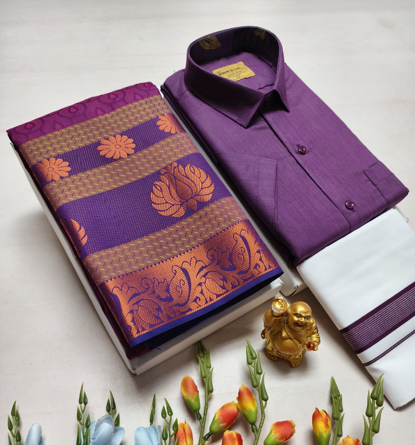 Couple's Combo Dhoti Shirt With Embossed Silk Saree