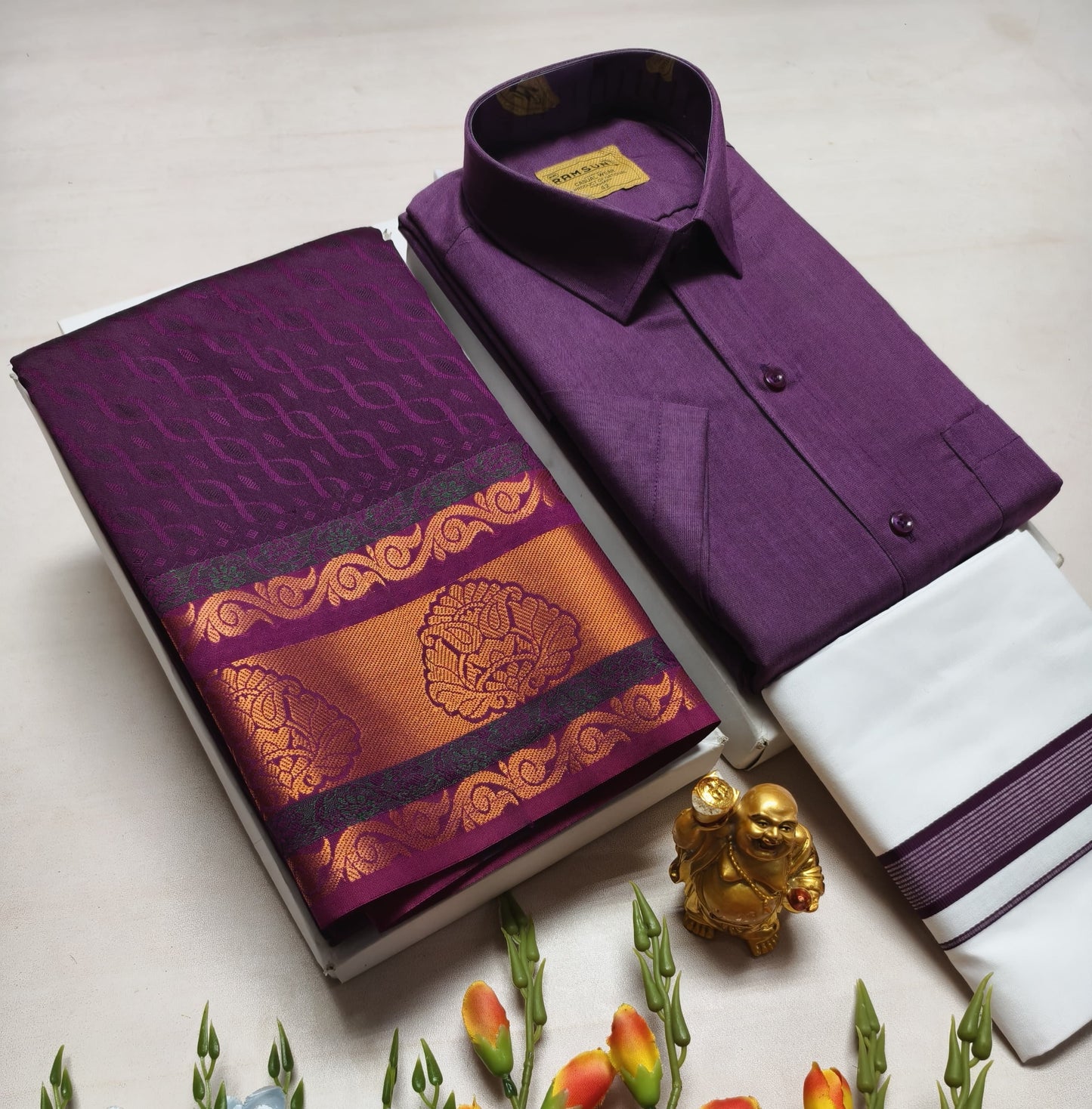 Couple's Combo Dhoti Shirt With Embossed Silk Saree