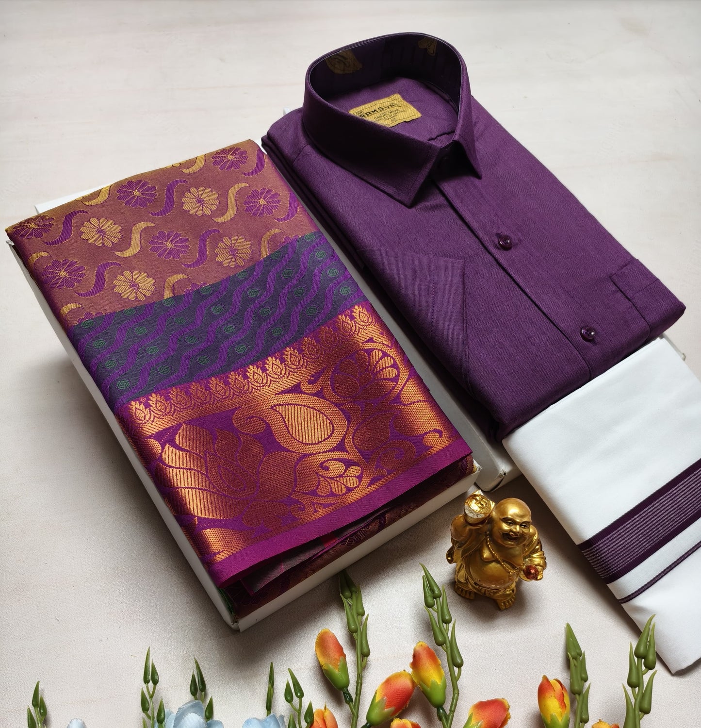 Couple's Combo Dhoti Shirt With Embossed Silk Saree