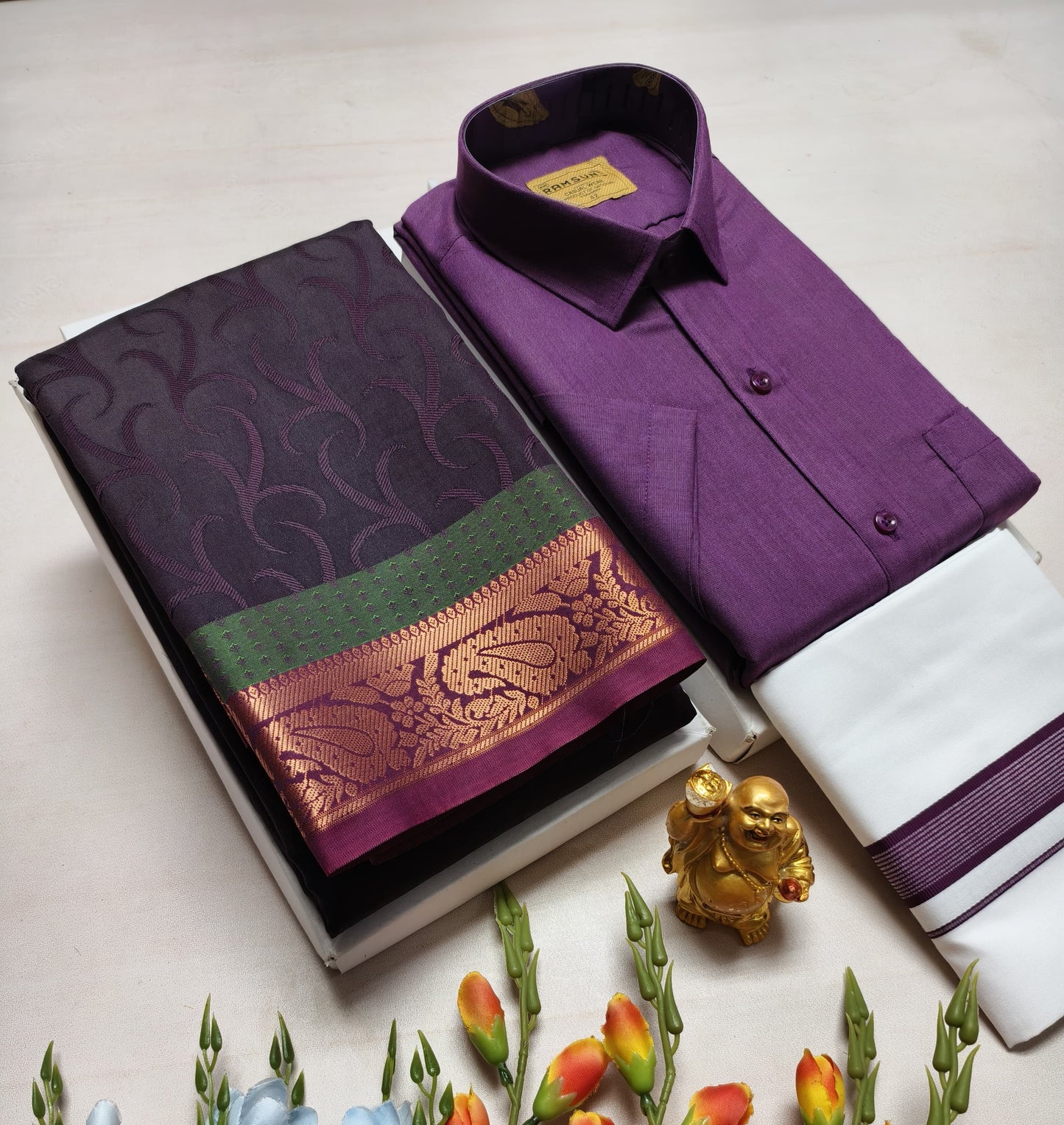 Couple's Combo Dhoti Shirt With Embossed Silk Saree