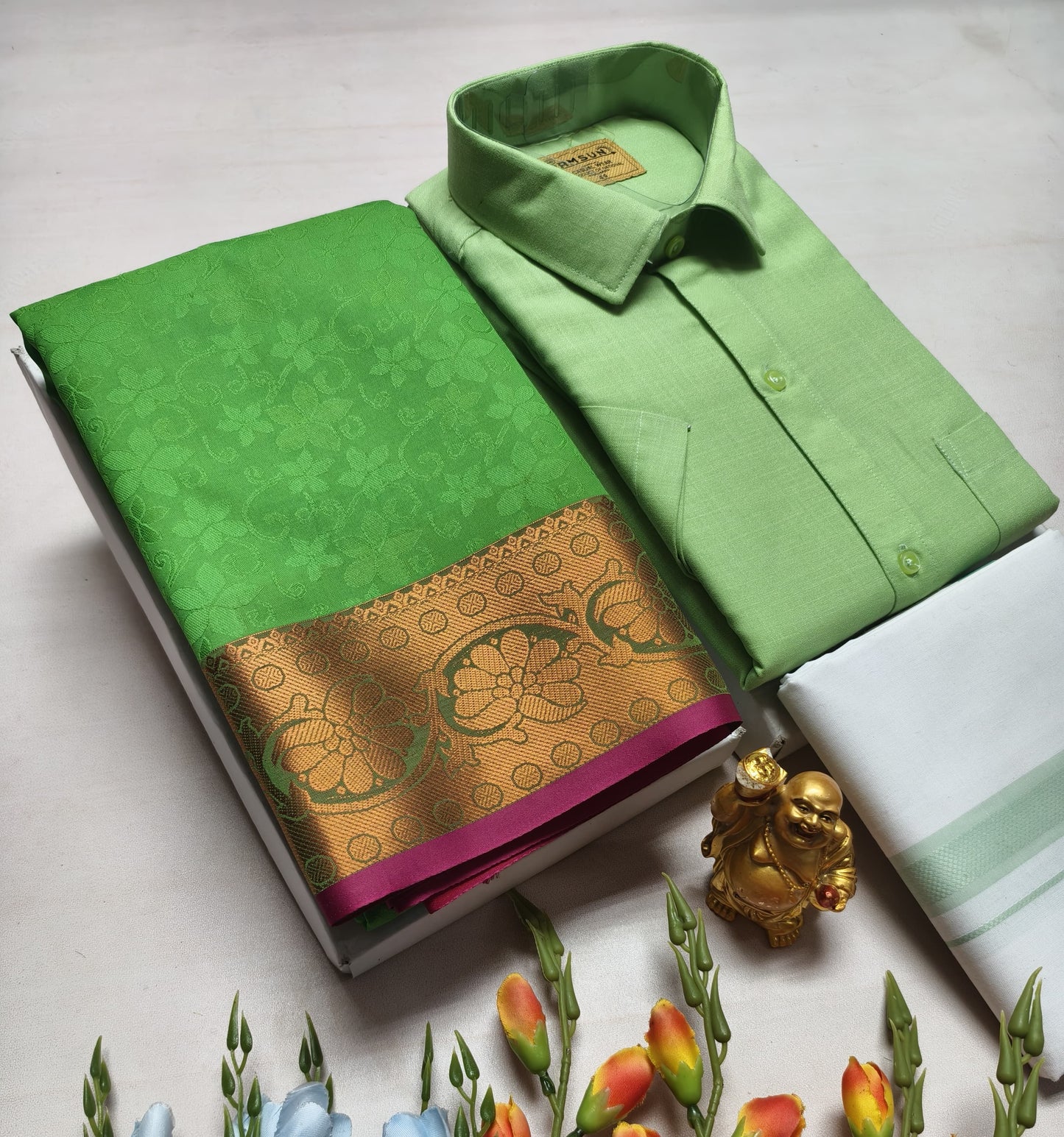 Couple's Combo Dhoti Shirt With Embossed Silk Saree