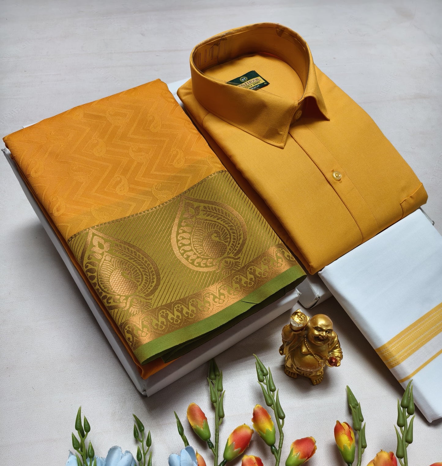 Couple's Combo Dhoti Shirt With Embossed Silk Saree