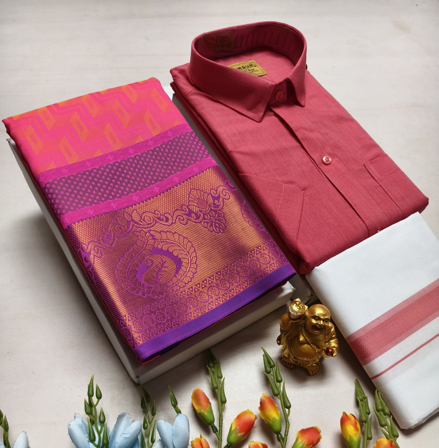 Couple's Combo Dhoti Shirt With Embossed Silk Saree