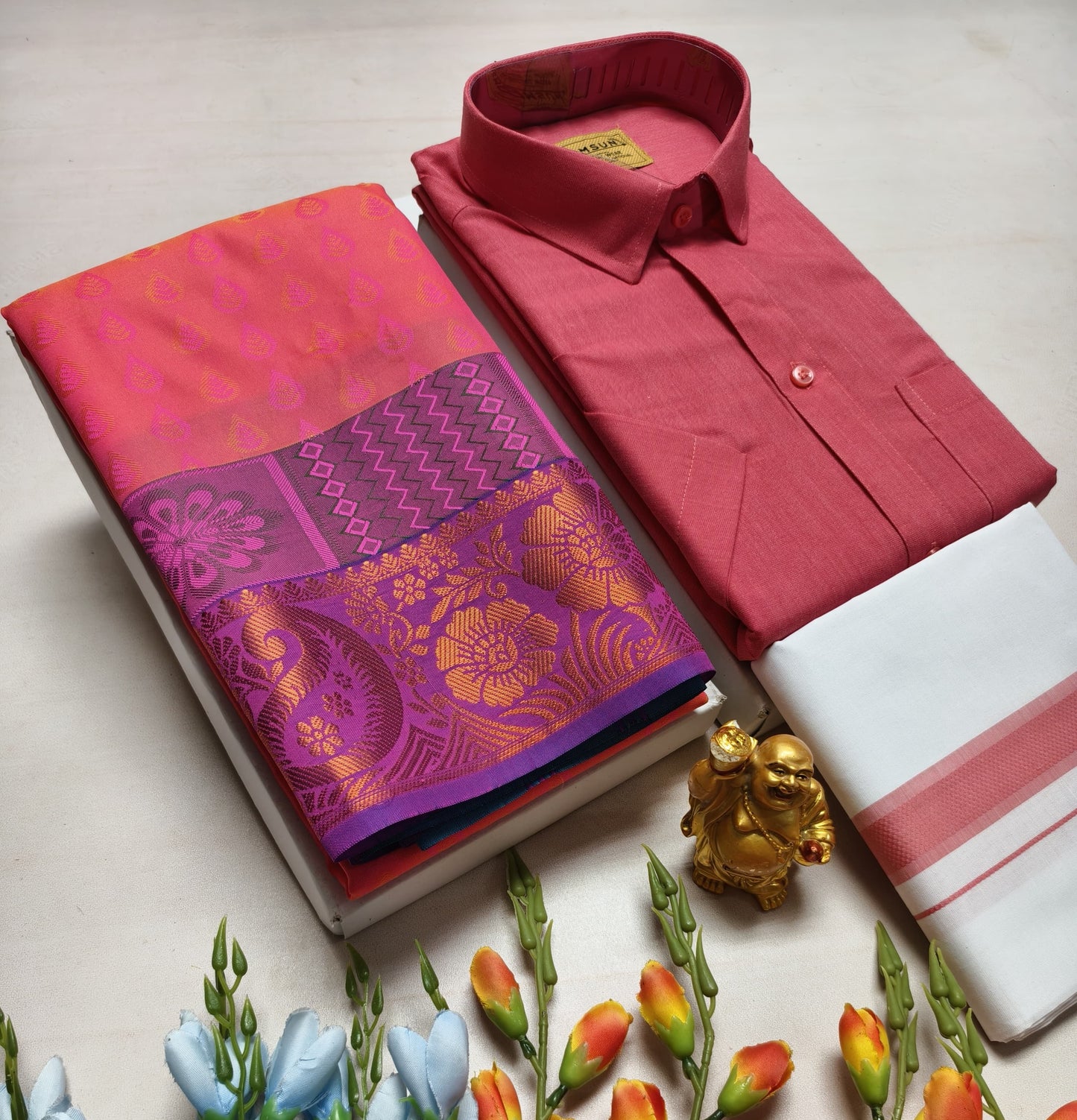 Couple's Combo Dhoti Shirt With Embossed Silk Saree