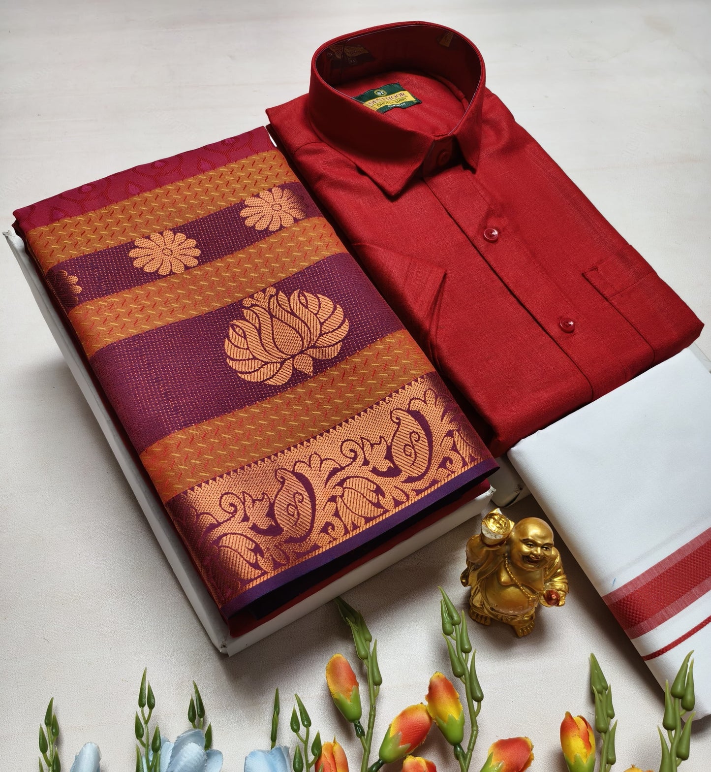 Couple's Combo Dhoti Shirt With Embossed Silk Saree