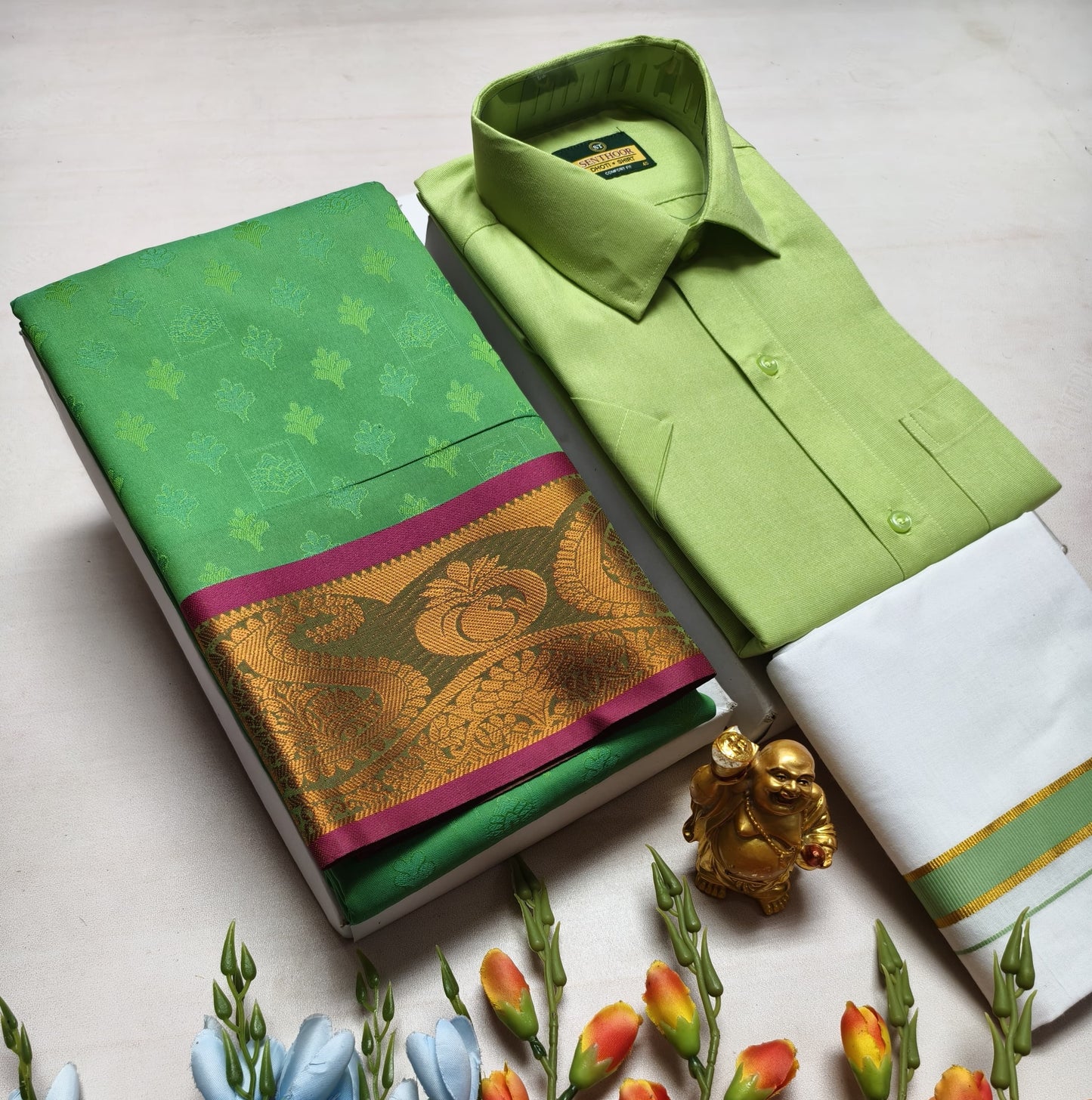 Couple's Combo Dhoti Shirt With Embossed Silk Saree