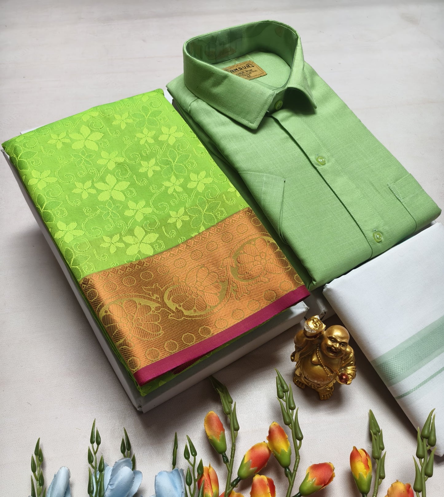 Couple's Combo Dhoti Shirt With Embossed Silk Saree