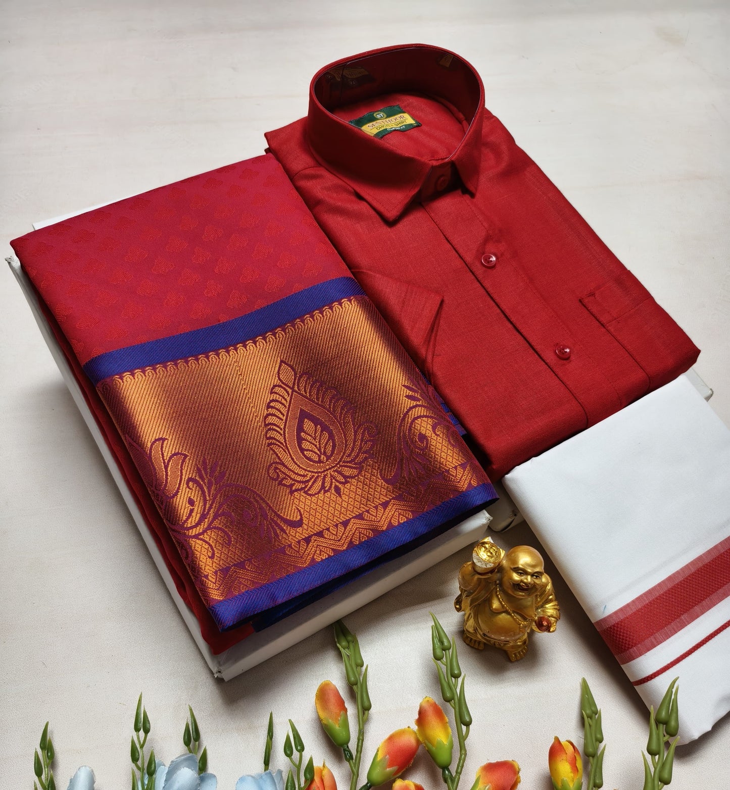 Couple's Combo Dhoti Shirt With Embossed Silk Saree