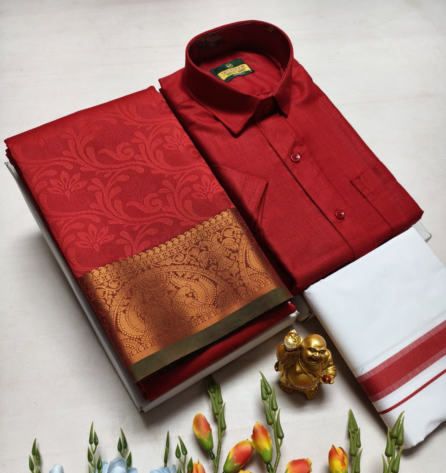 Couple's Combo Dhoti Shirt With Embossed Silk Saree