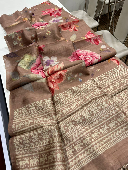 kalamkari digital printed semi tussar saree