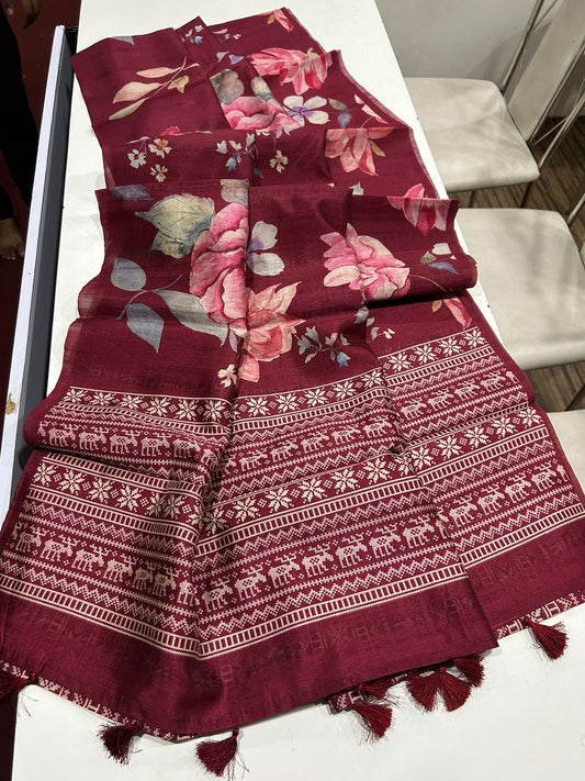 Digital kalamkari printed tussar silk saree