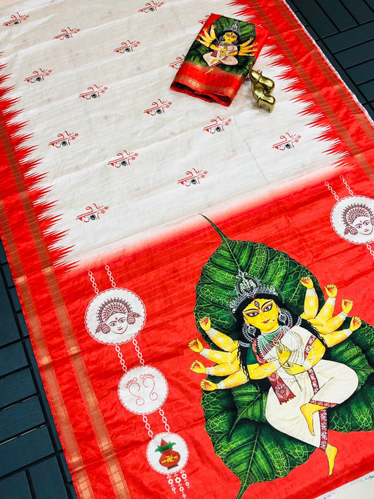 Durga Special Soft Silk Saree with Zari Border and Durga Print