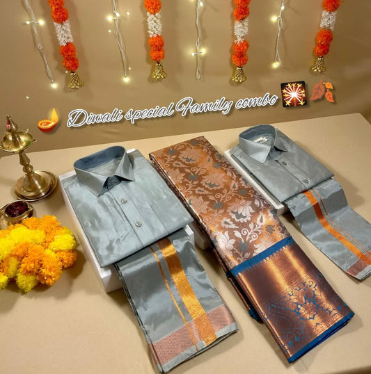 Family Combo - Semi Tissue Saree with Father and Son's Matching Dhoti Shirt