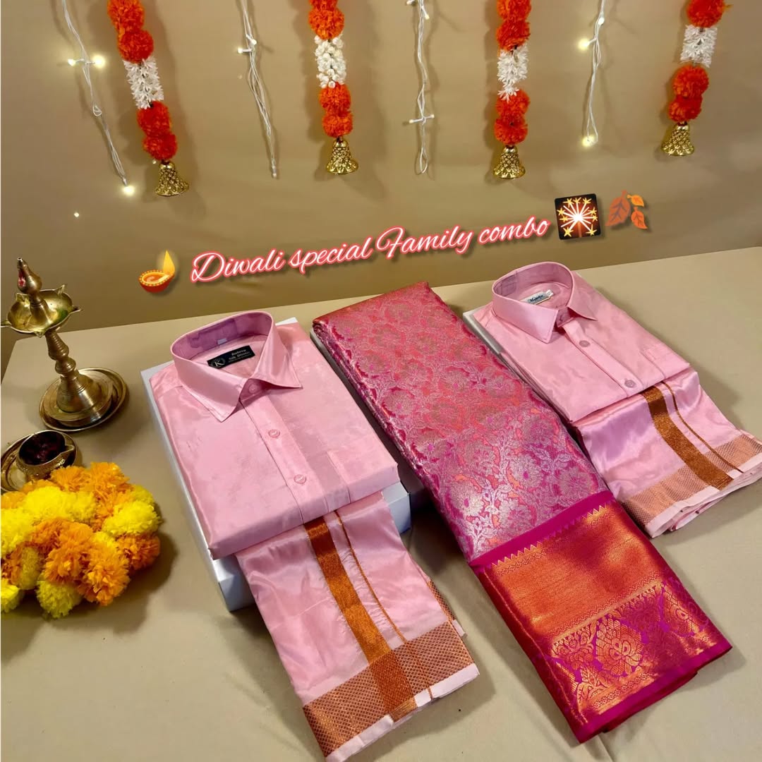 Family Combo - Semi Tissue Saree with Father and Son's Matching Dhoti Shirt