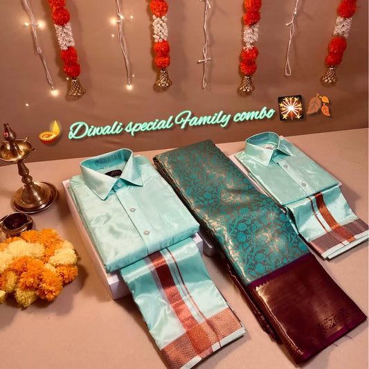 Family Combo - Semi Tissue Saree with Father and Son's Matching Dhoti Shirt