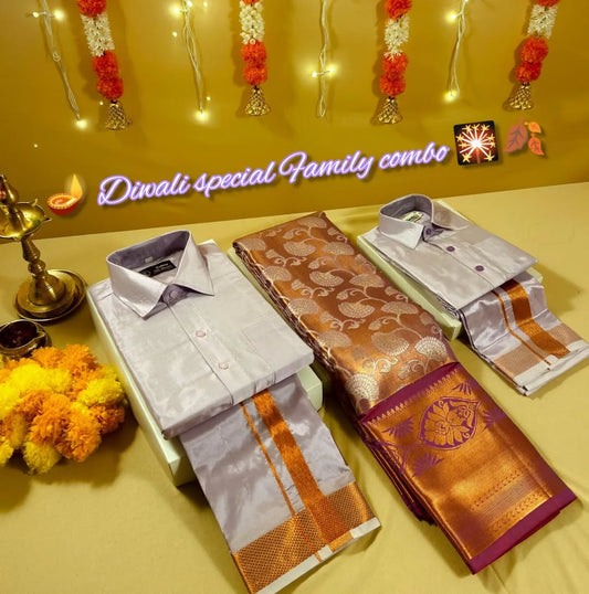 Family Combo - Semi Tissue Saree with Father and Son's Matching Dhoti Shirt