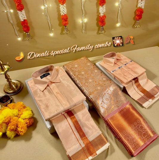 Family Combo - Semi Tissue Saree with Father and Son's Matching Dhoti Shirt