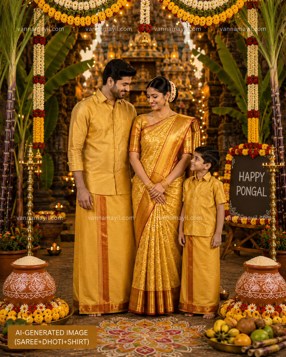 Family Combo - Semi Tissue Saree with Father and Son's Matching Dhoti Shirt