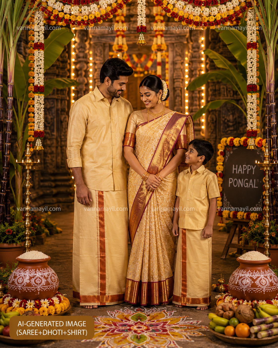 Family Combo - Semi Tissue Saree with Father and Son's Matching Dhoti Shirt