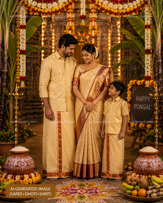 Family Combo - Semi Tissue Saree with Father and Son's Matching Dhoti Shirt