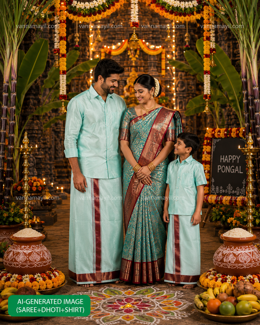 Family Combo - Semi Tissue Saree with Father and Son's Matching Dhoti Shirt