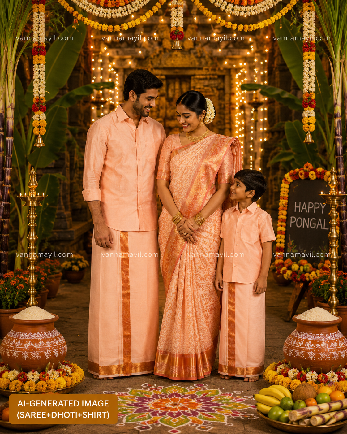 Family Combo - Semi Tissue Saree with Father and Son's Matching Dhoti Shirt