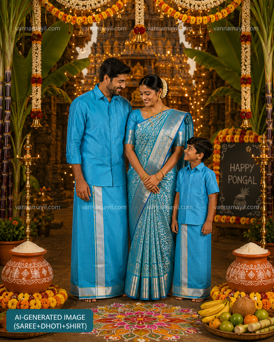 Semi Silk Family Set with Saree and Dhoti Shirt