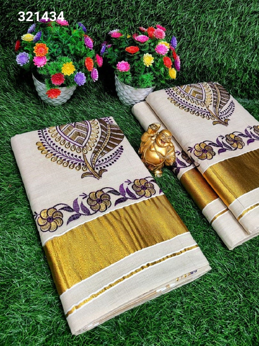 Kerala Embroidery Tissue Saree