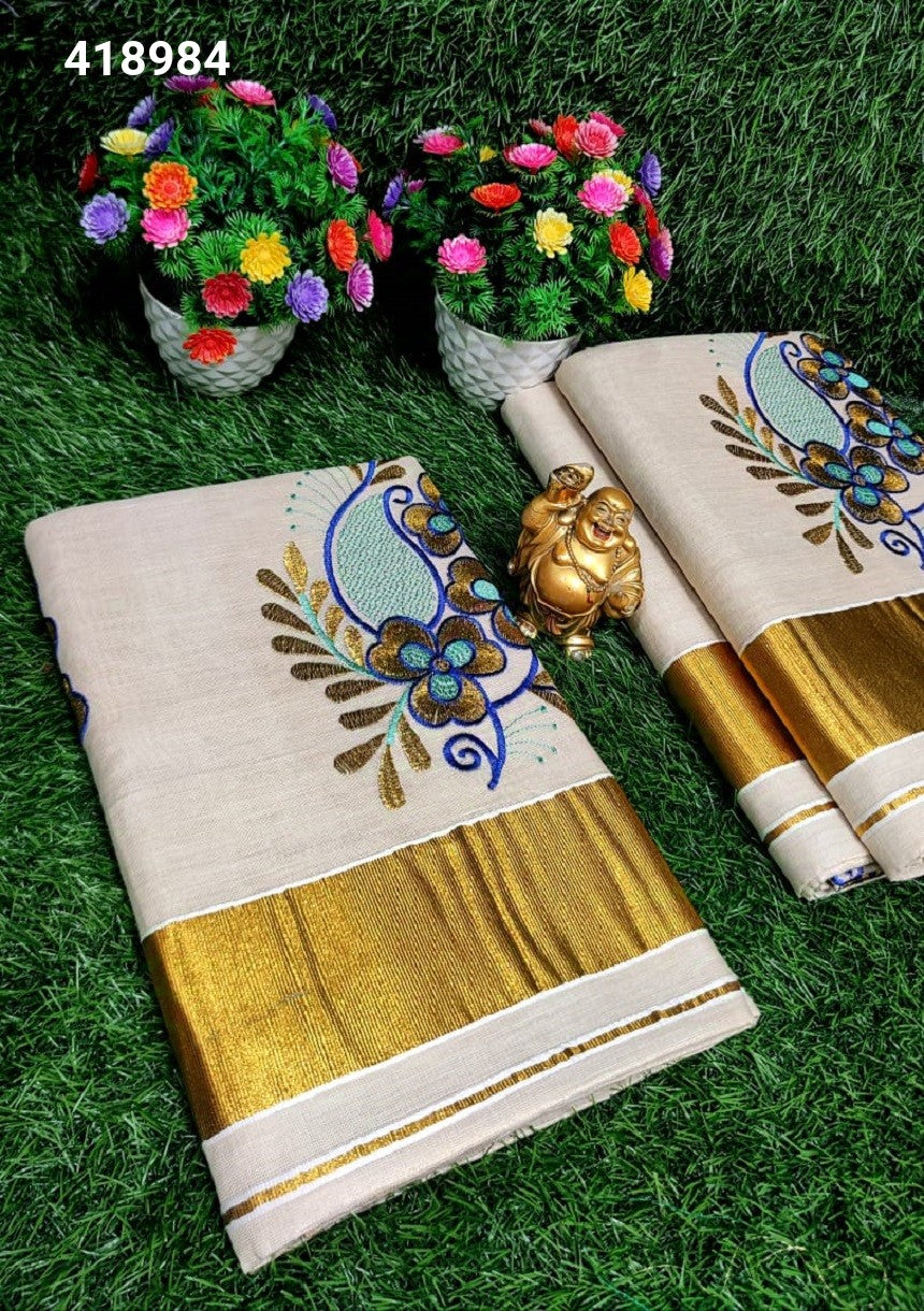 Kerala Embroidery Tissue Saree