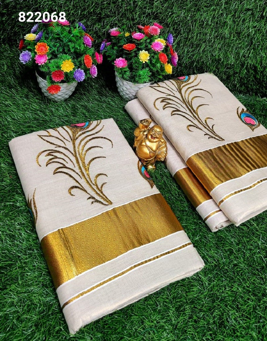 Kerala Embroidery Tissue Saree