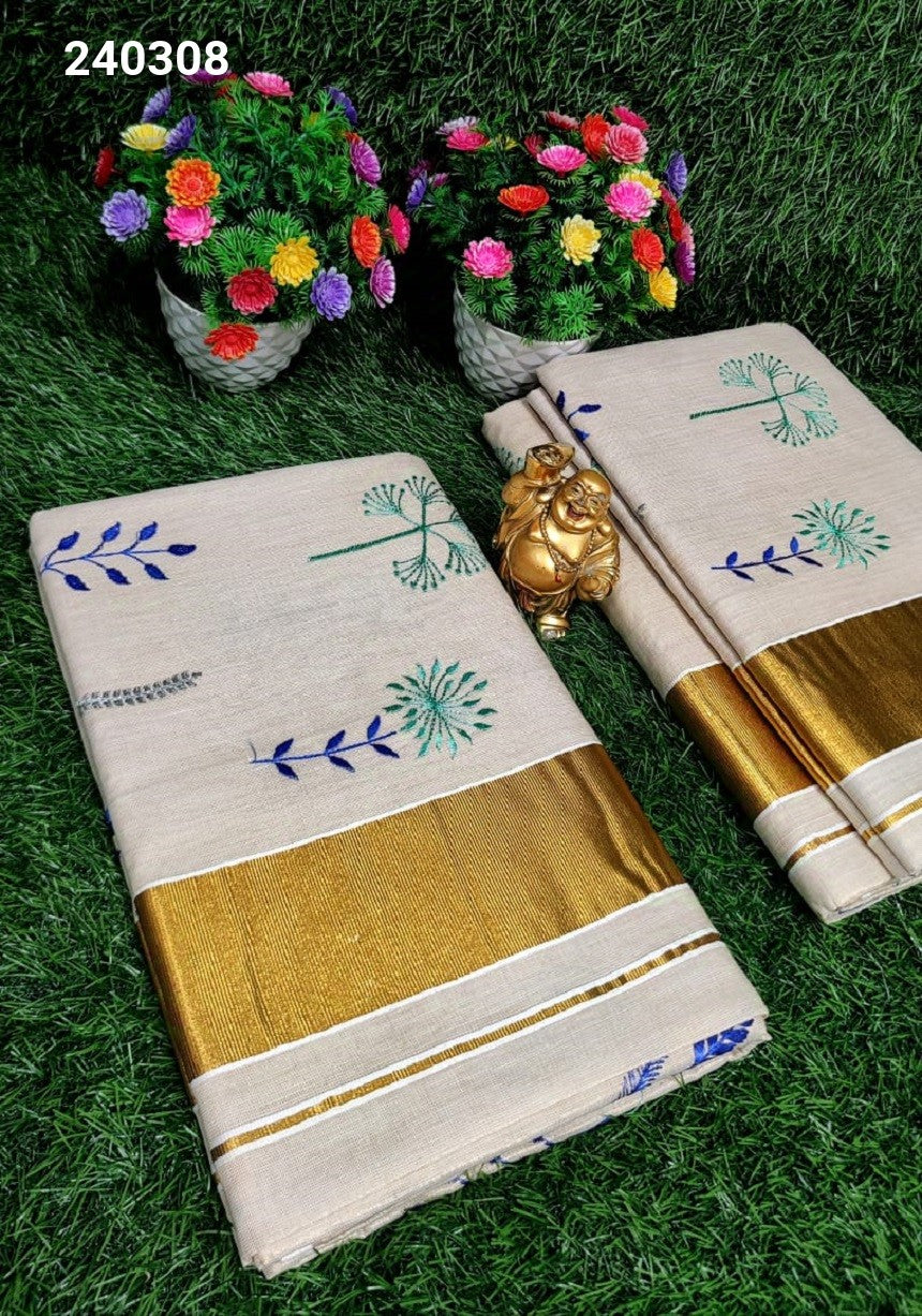 Kerala Embroidery Tissue Saree