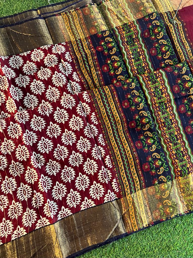 Hand woven zari lines soft bhagalpuri cotton silk saree