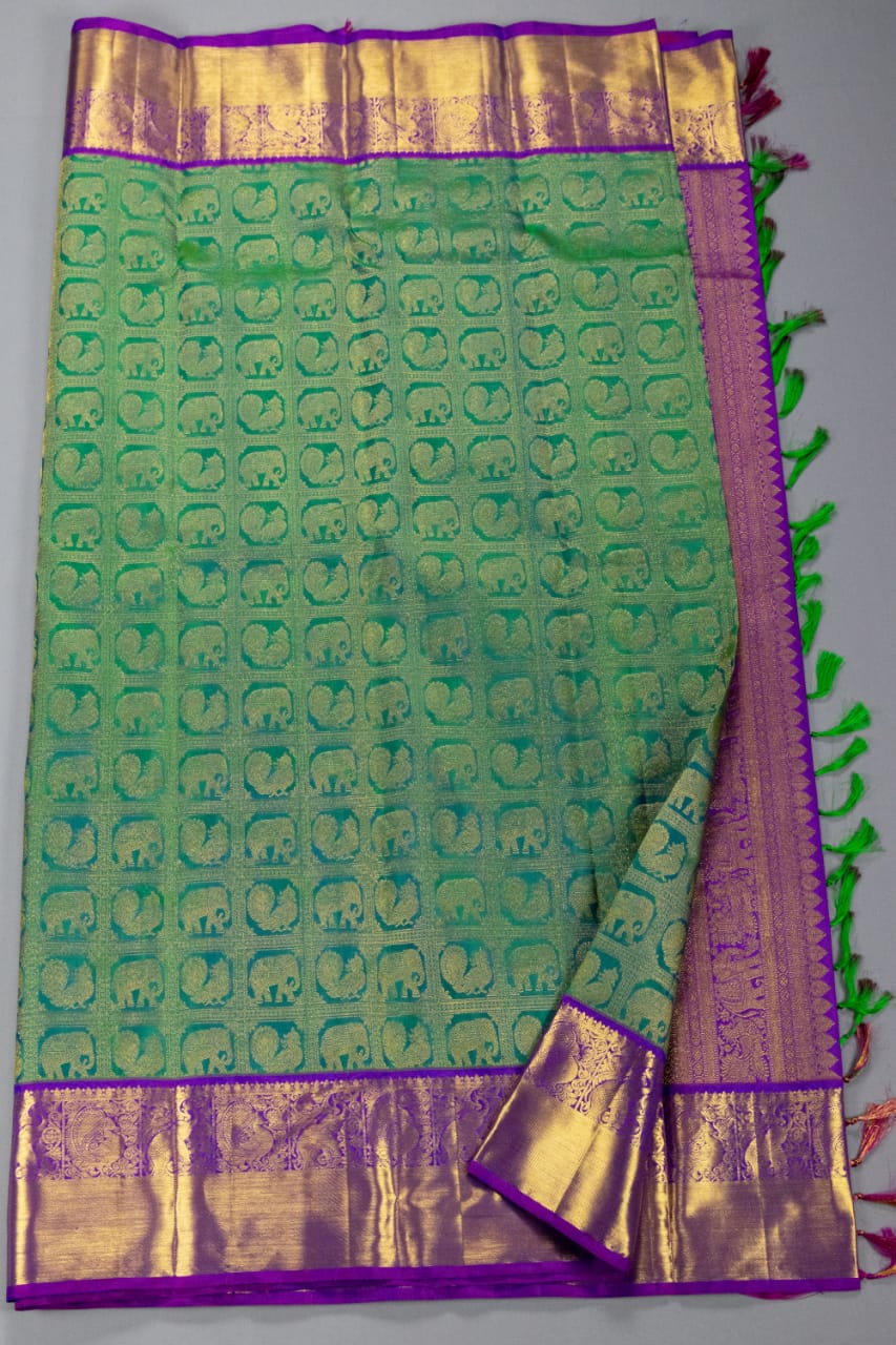 Handloom Pure Kanchipuram Peacock Green With Purple Colour Saree
