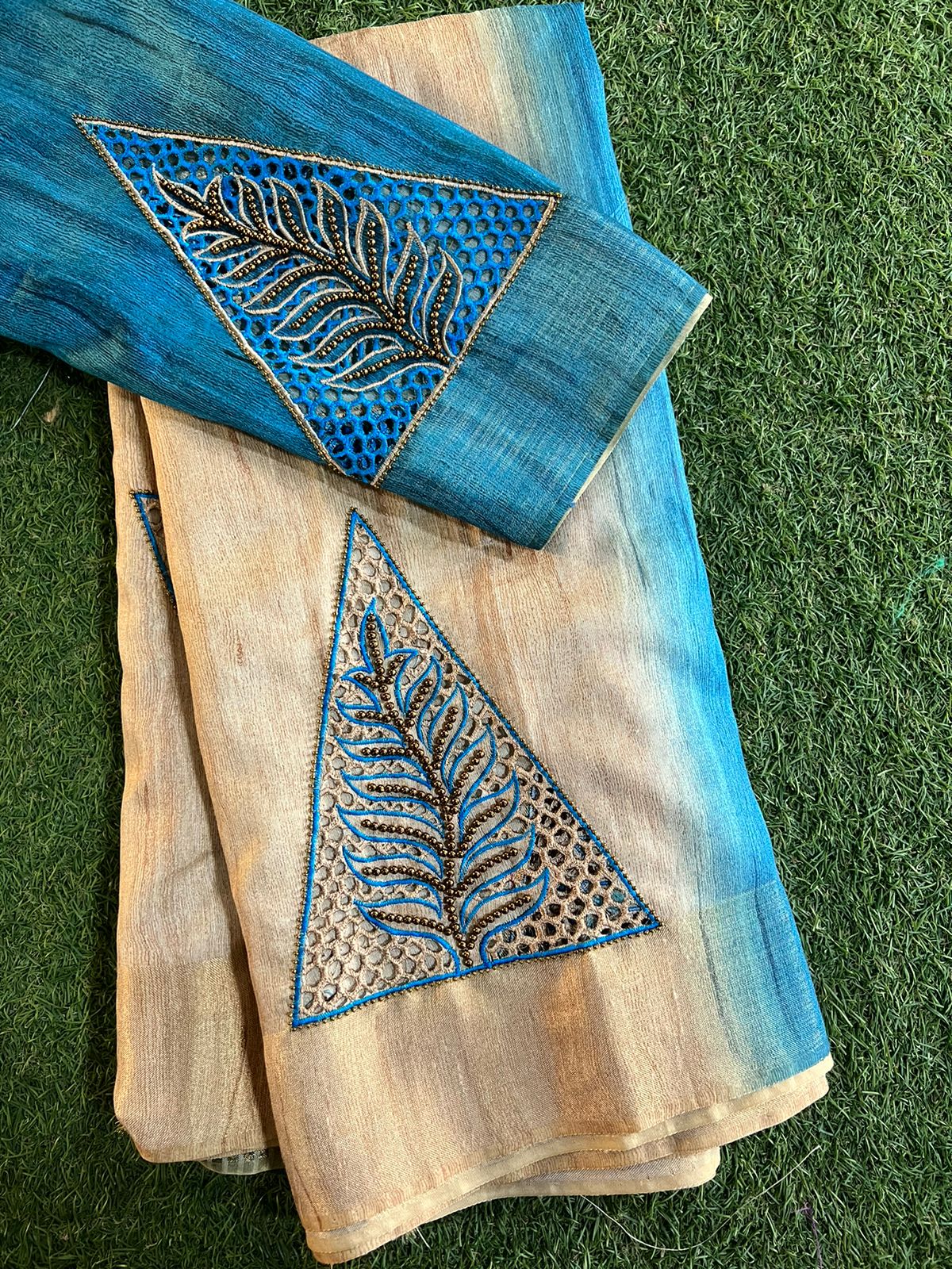 Handmade cut work and aari work semi tussar dupion silk saree