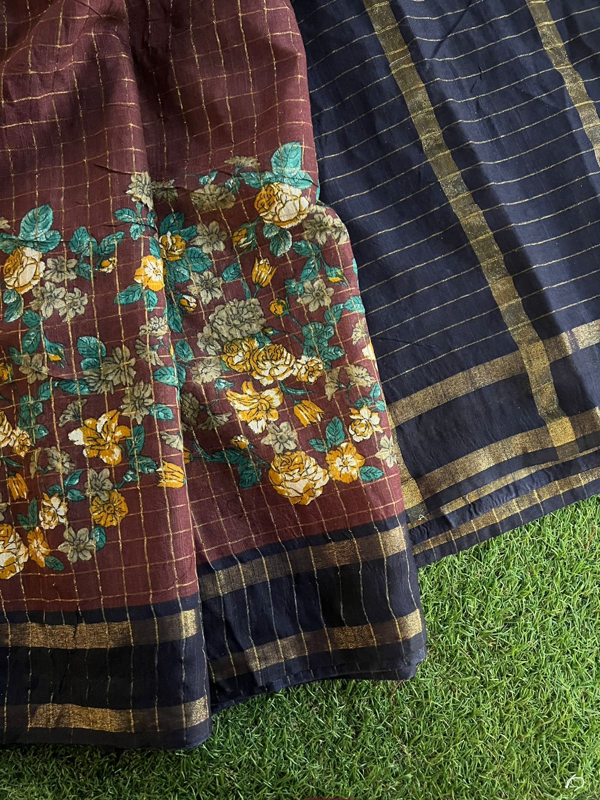 Handwoven zari checks bhagalpur tussar cotton saree