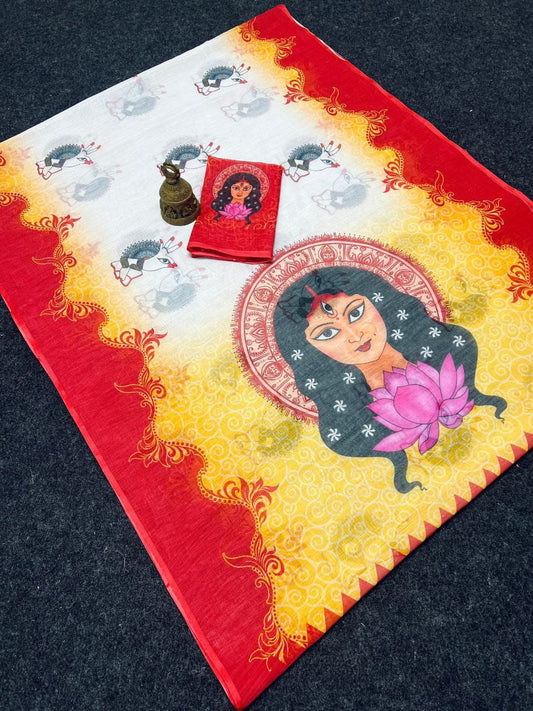 Jaya Ma Durga Printed Linen Type Digital Printed Work on Saree
