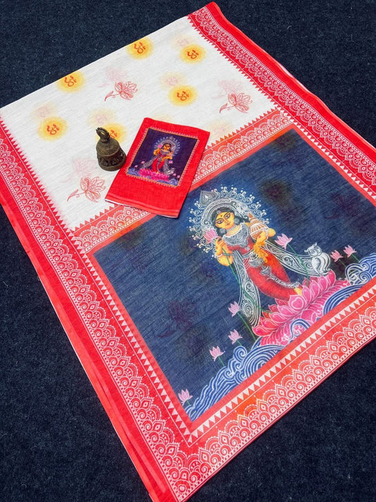 Durga Puja Special Durga Ma Printed Linen Type Digital Printed Work on Saree