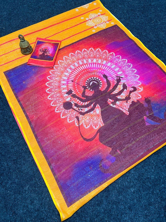 Durga Pooja Printed Linen Type Digital Printed Work on Saree