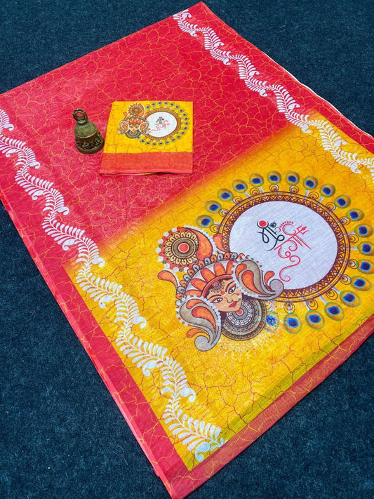 Durga Puja Special Linen Type Digital Printed Work on Saree
