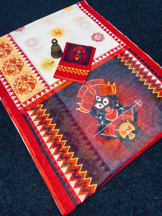Durga Puja Special Durga Ma Printed Linen Type Digital Printed Work on Saree