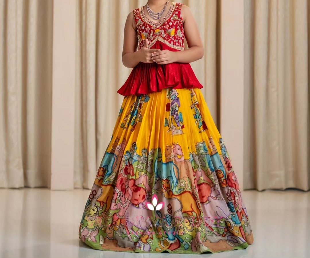 Kalamkari Style Printed & Embroidered Work Stitched Kids Skirt and Top