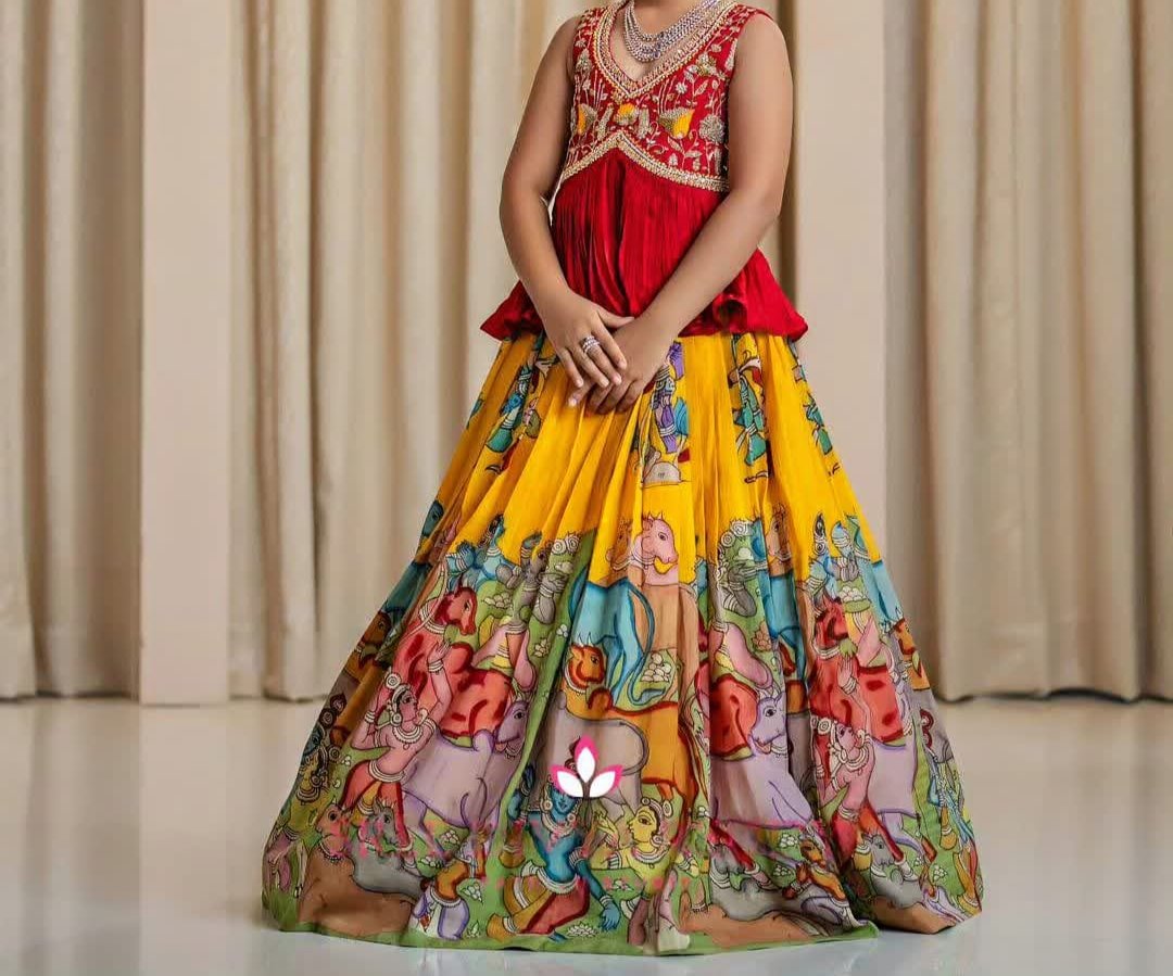 Kalamkari Style Printed & Embroidered Work Stitched Kids Skirt and Top