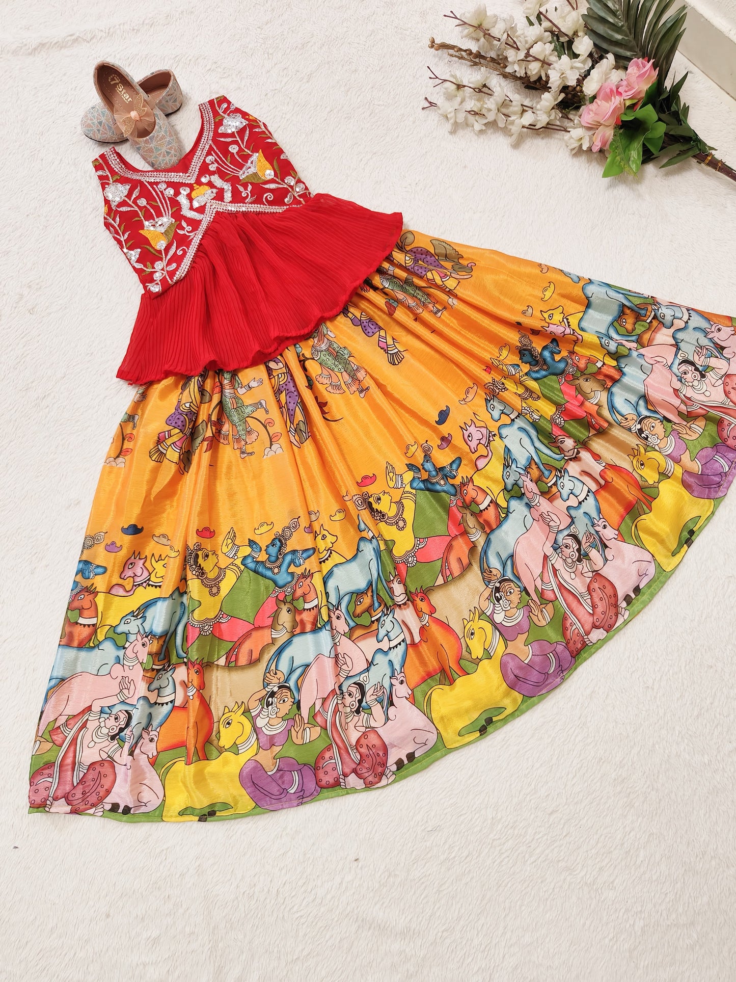 Kalamkari Style Printed & Embroidered Work Stitched Kids Skirt and Top