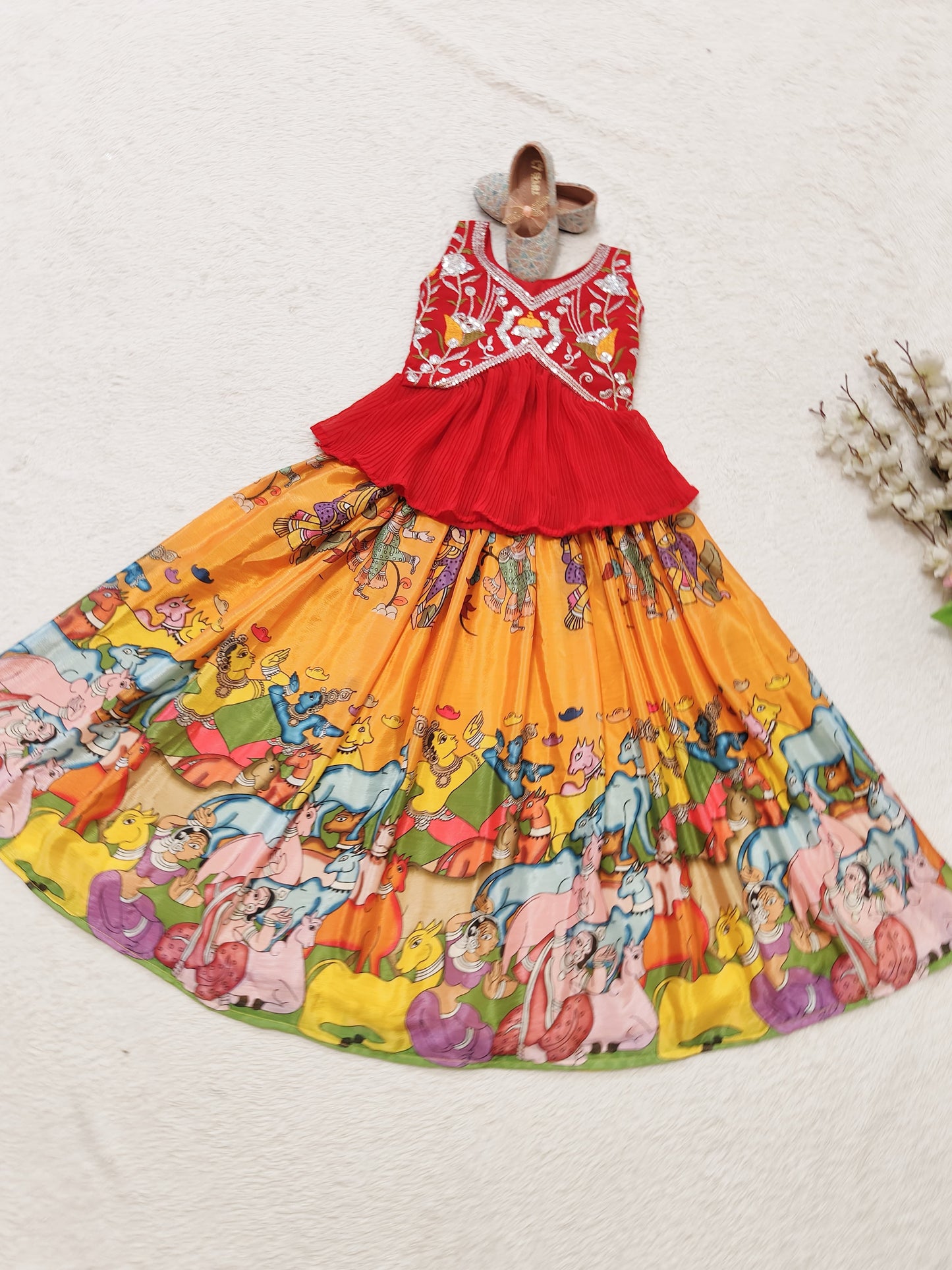 Kalamkari Style Printed & Embroidered Work Stitched Kids Skirt and Top