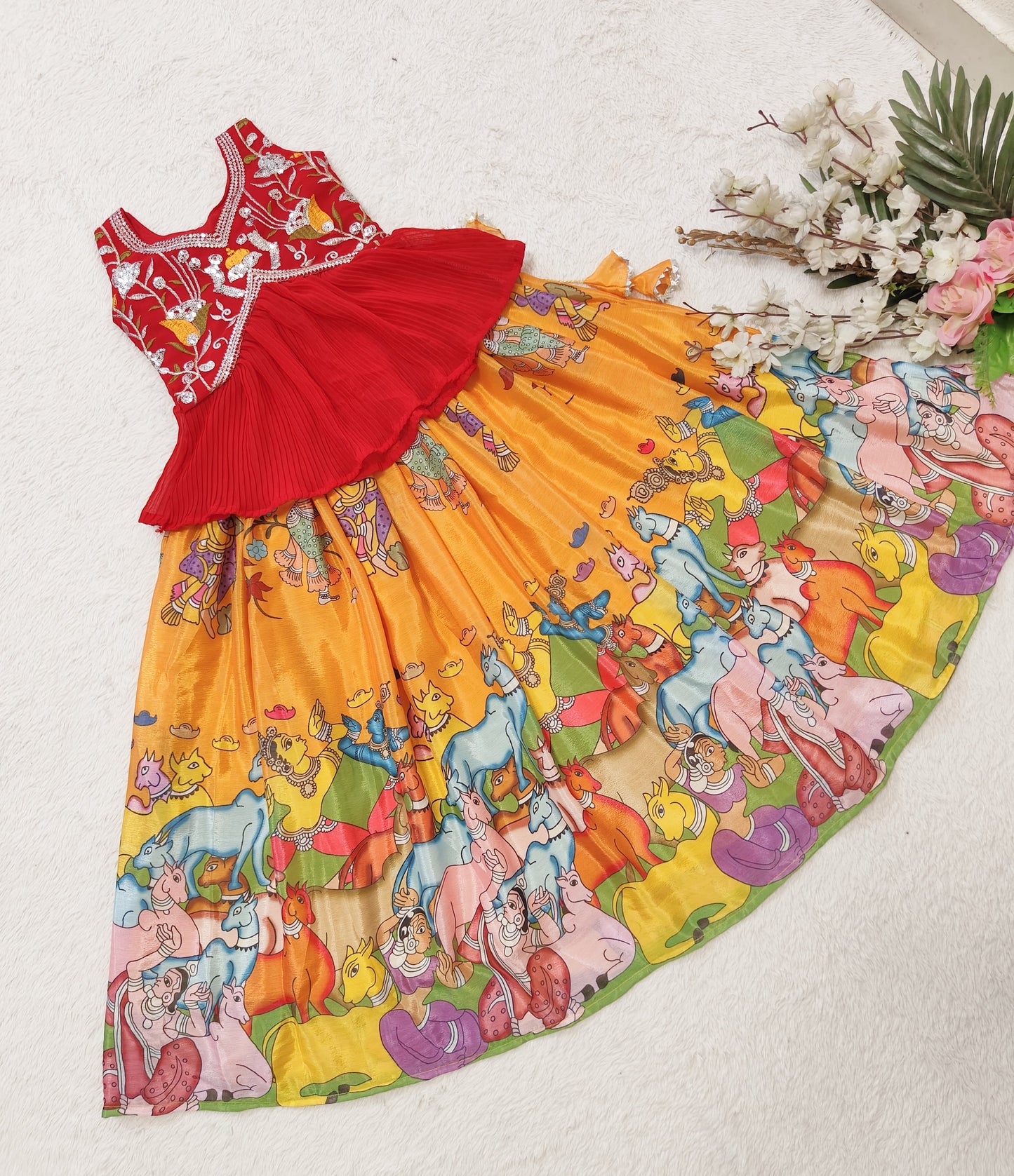 Kalamkari Style Printed & Embroidered Work Stitched Kids Skirt and Top