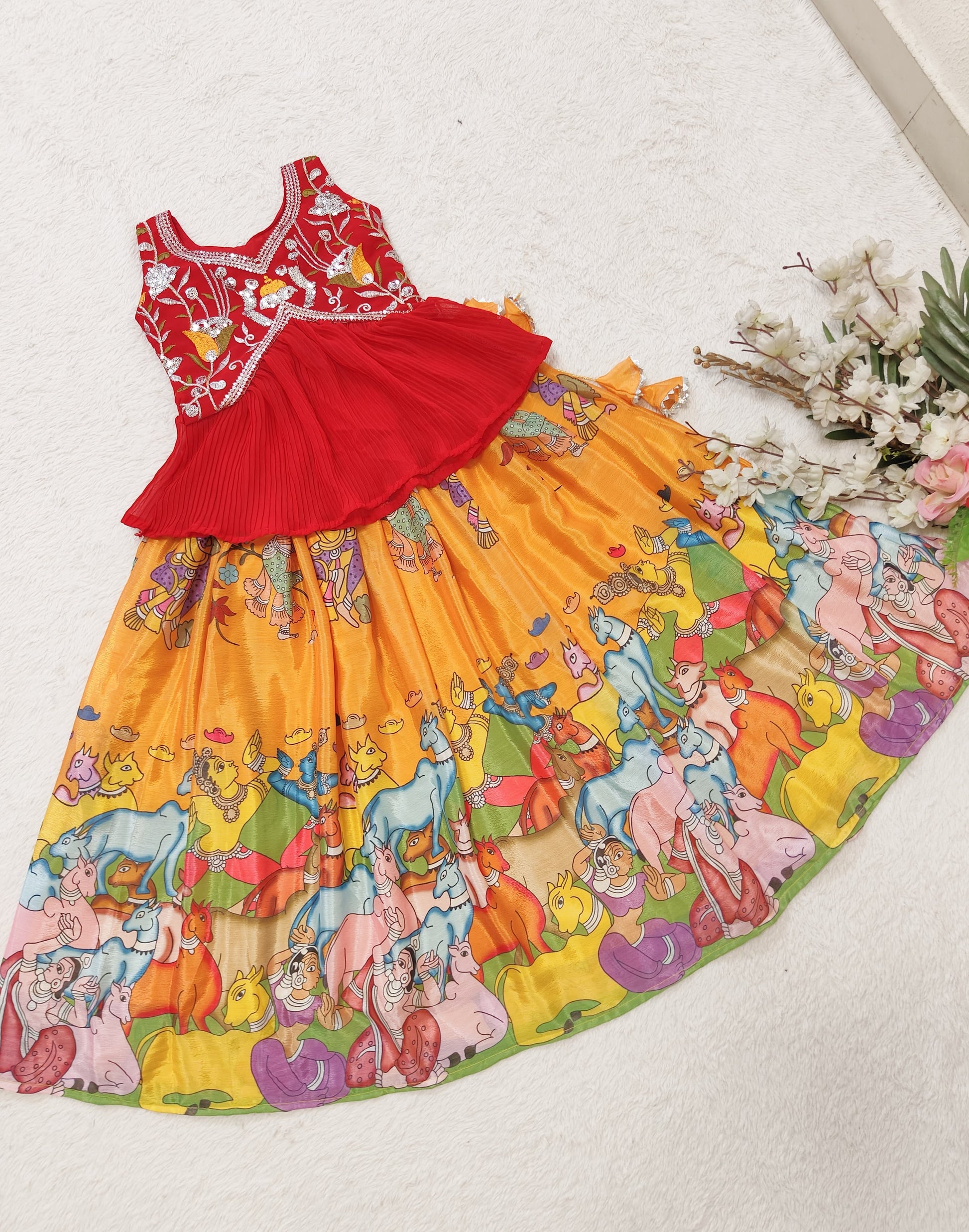 Kalamkari Style Printed & Embroidered Work Stitched Kids Skirt and Top